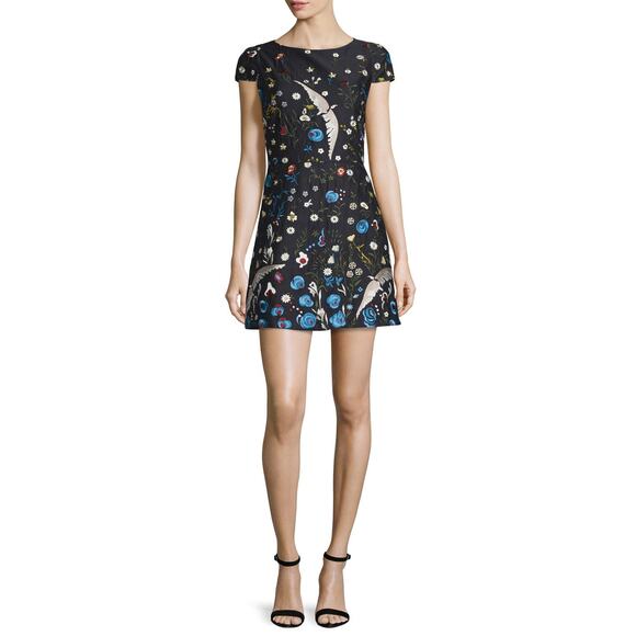 Allice + Olivia Embroidered Crane Floral Mini Dress Black Sz 2 - Picture 1 of 7